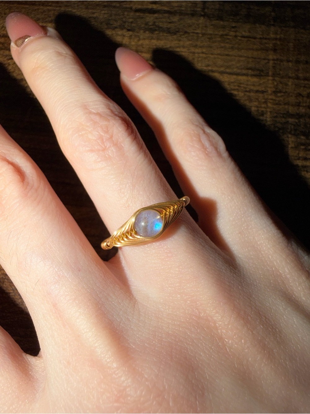 NEW 14kt evil eye gold filled natural laboradorite ring, wire wrapped adjustable